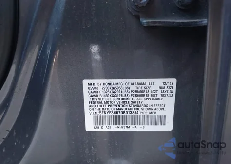 2013 Honda Pilot Ex-L z USA, uszkodzony, nr VIN 5FNYF3H67DB013864